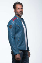 24H Le Mans Duff 4 leather jacket in ocean blue Men