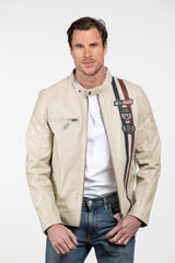 Blouson en cuir Steve McQueen x Le Mans Fifty Five Ecru Homme