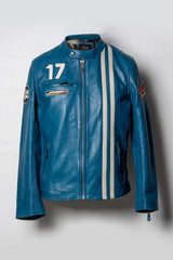 Blouson en cuir Jean Pierre Jarier "Godasse de Plomb" bleu matra Homme