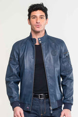 Blouson en cuir Steve McQueen Harry 3 bleu royal Homme