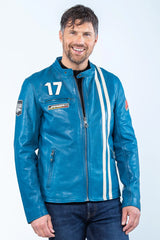 Blouson en cuir Jean Pierre Jarier "Godasse de Plomb" bleu matra Homme