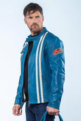 Blouson en cuir Jean Pierre Jarier "Godasse de Plomb" bleu matra Homme