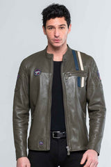 Blouson en cuir Steve McQueen Lenny 3 kaki foncé Homme