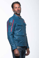 24H Le Mans Lagache 4 ocean blue leather jacket for Men