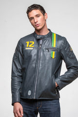 Blouson en cuir Ayrton Senna "Sao Paulo" bleu marine Homme