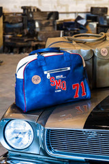 Steve McQueen Belgetti royal blue leather travel bag for men