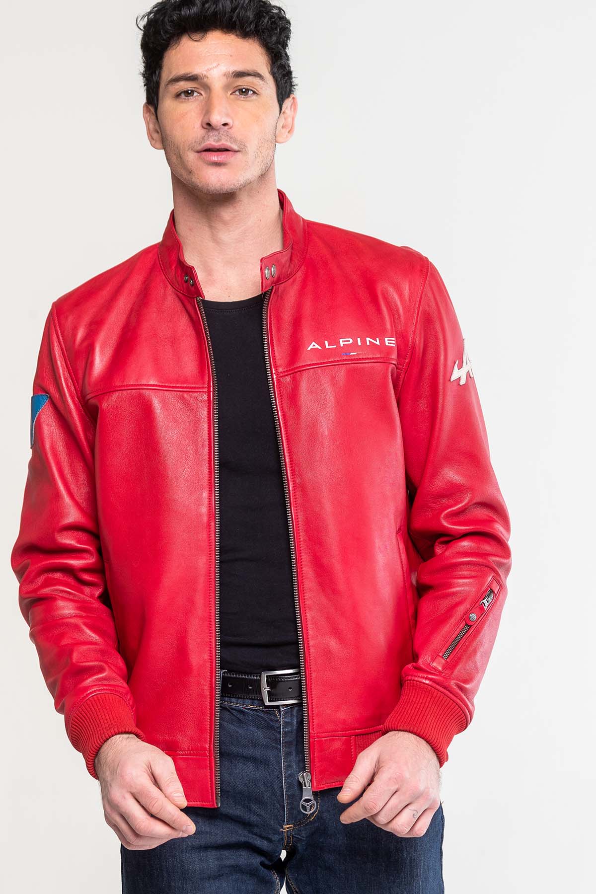 Men’s racing red Alpine Jean leather jacket – Classic Legend Motors