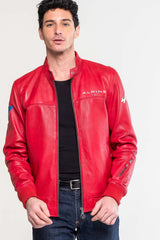 Men’s racing red Alpine Jean leather jacket